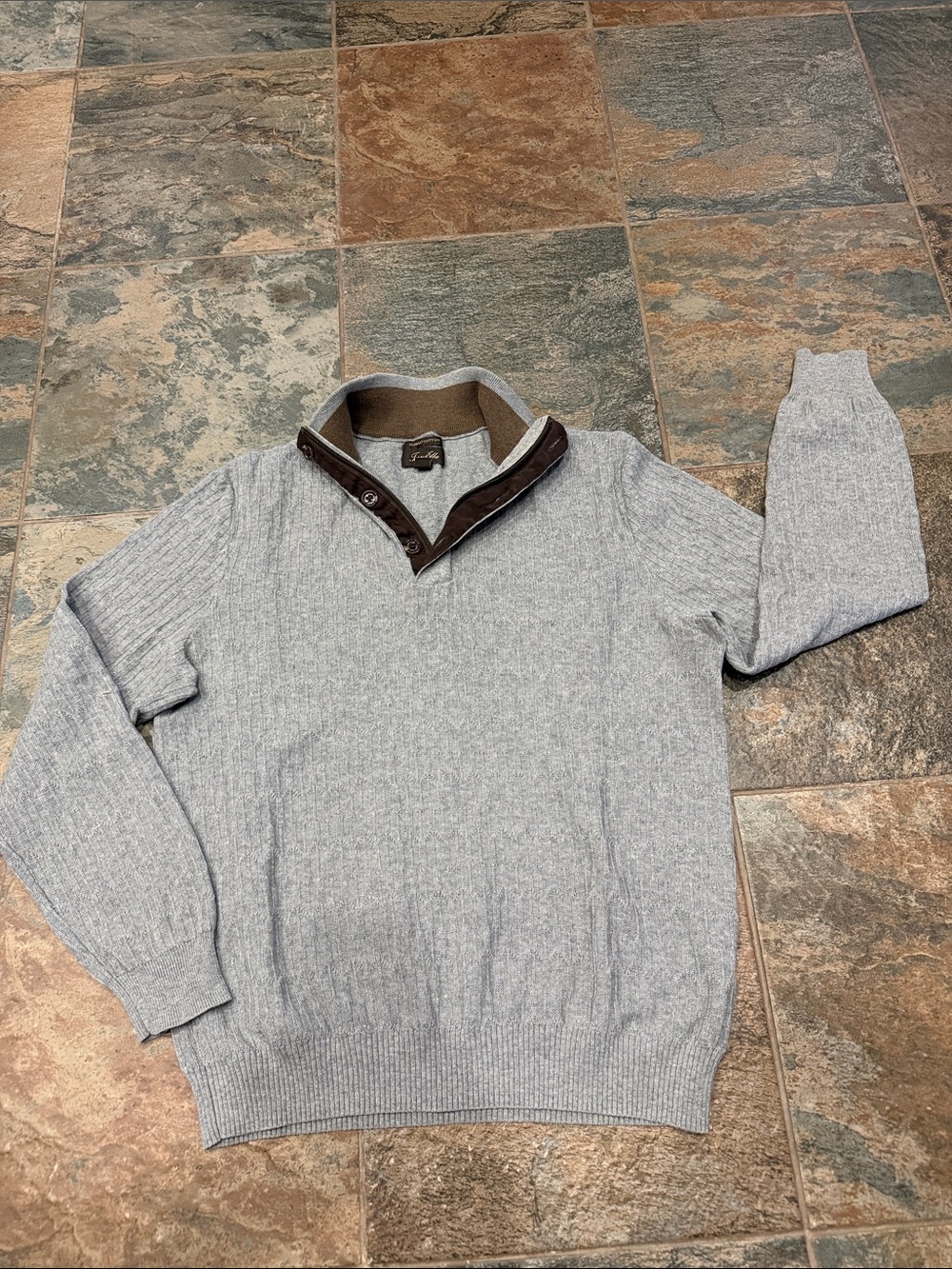 Tasso Elba Light Gray Zip-Neck Sweater with Brown Trim